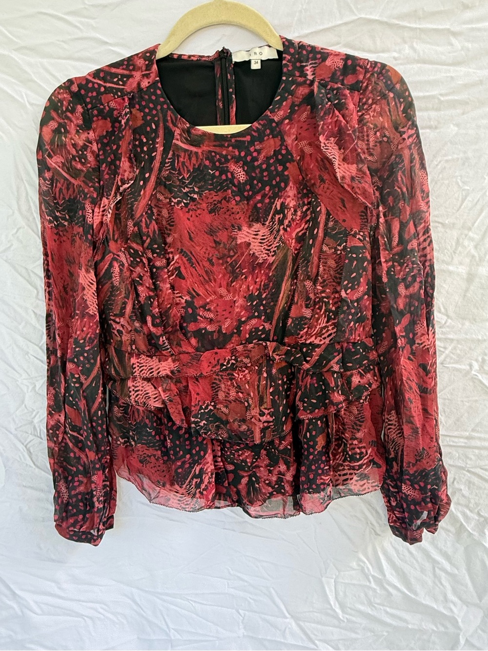 IRO Paris Red Black Abstract Floral Sheer Peplum Blouse XS 34 Ruffle Long Sleeve